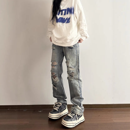 Hip-Hop Vintage Washed Distressed Denim Pants Men's Loose Couple Casual All-Match Straight Leg Long Trousers