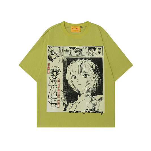 Anime Print Short Sleeve Unisex Retro Oversize Loose Pure Cotton T-Shirt