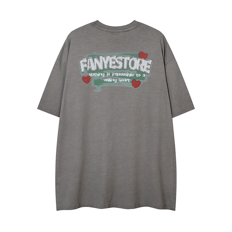 Hand-Painted Anime Oil Painting Print Short Sleeve T-Shirt Trendy Hip Hop Men's Summer Loose Casual Pure Cotton Vintage Top