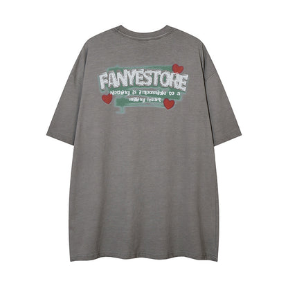 Hand-Painted Anime Oil Painting Print Short Sleeve T-Shirt Trendy Hip Hop Men's Summer Loose Casual Pure Cotton Vintage Top