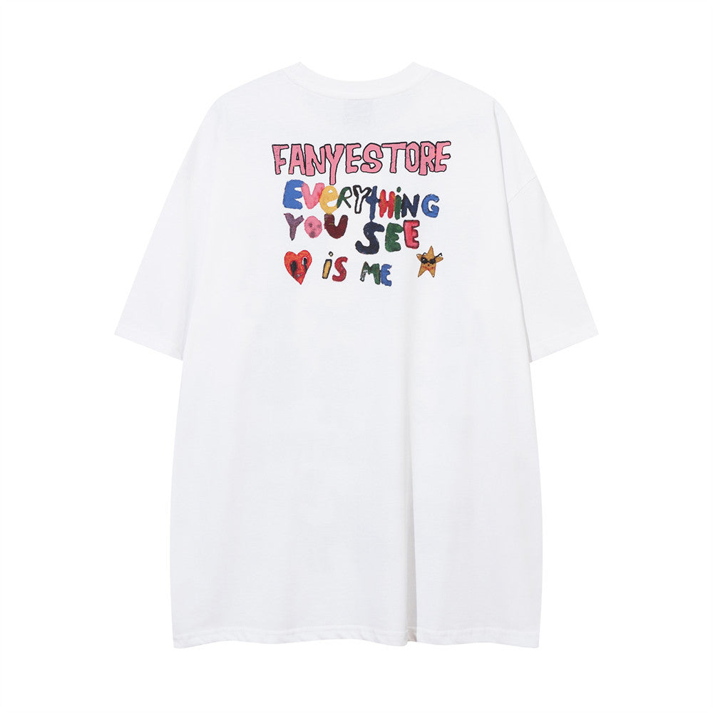 Fun Graffiti Cartoon Print Short Sleeve T-Shirt Hip Hop Trendy Men's Summer Lazy Pure Cotton Casual Half Sleeve Tee
