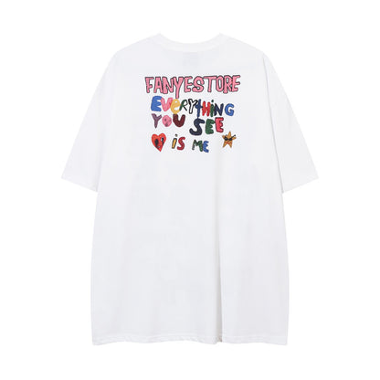 Fun Graffiti Cartoon Print Short Sleeve T-Shirt Hip Hop Trendy Men's Summer Lazy Pure Cotton Casual Half Sleeve Tee