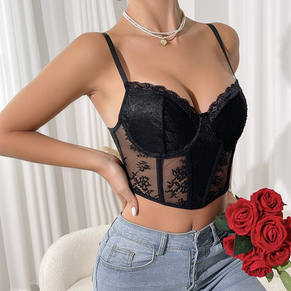 Lace perspective mesh fishbone corset spicy girl suspender sexy top