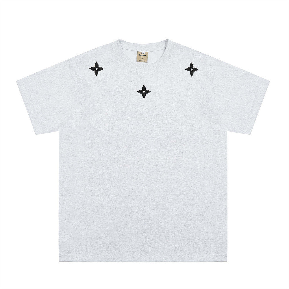 Rose Embroidered Letter Casual T-Shirt European and American Trendy Loose Short Sleeve Top for Men