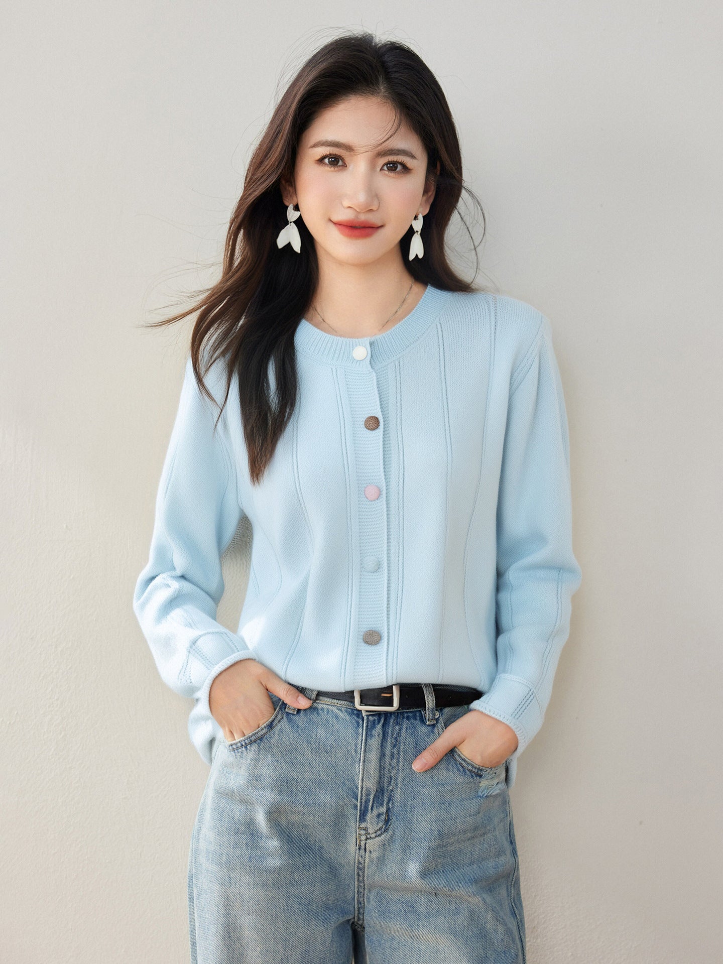 Real Shot◆Korean Style Line Design Colorful Button Long Sleeve Knit Top for Women