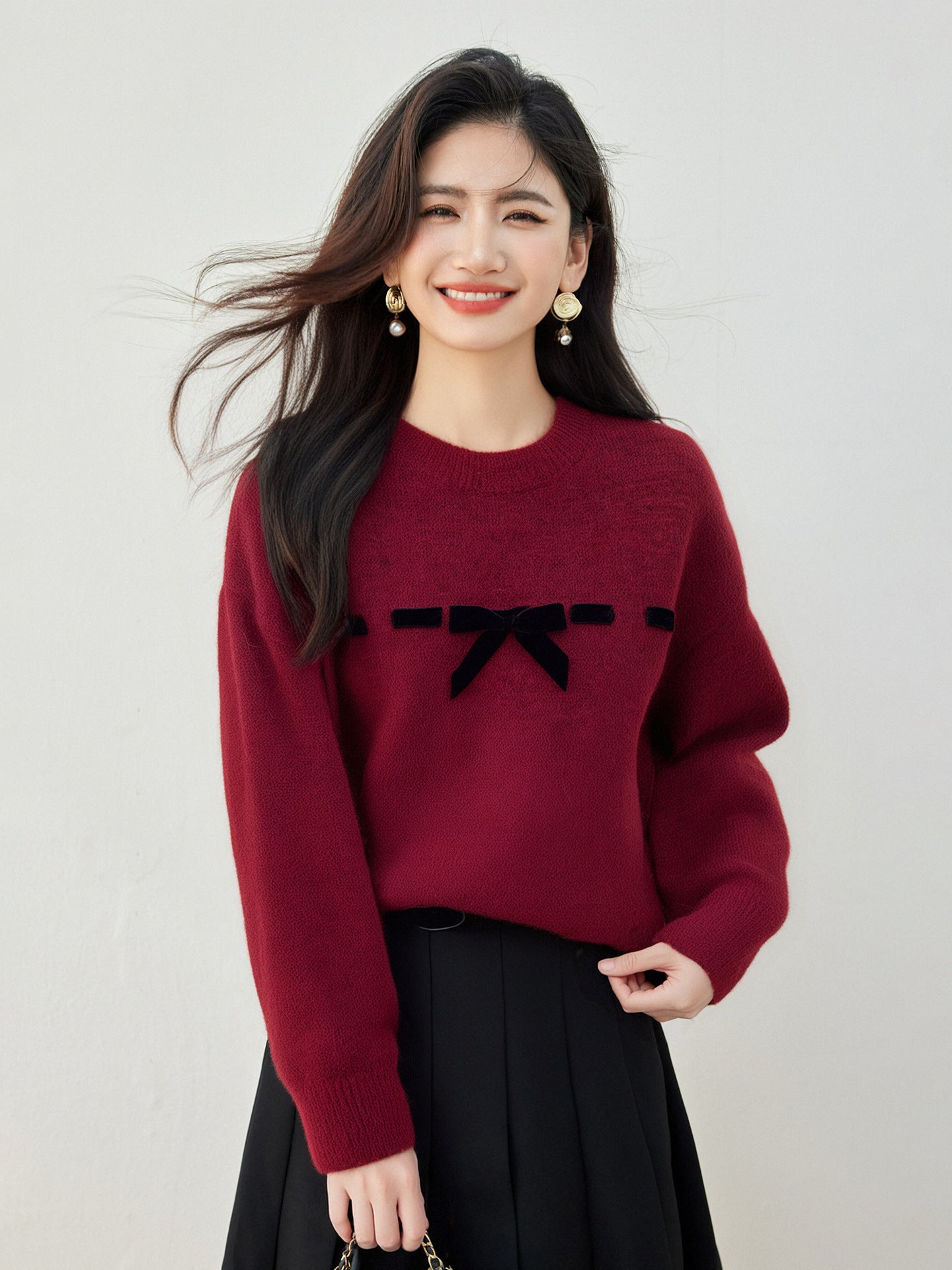 Knitted Sweater with Bow Tie and Round Neck, Slim Fit, Blue, Autumn/Winter Style