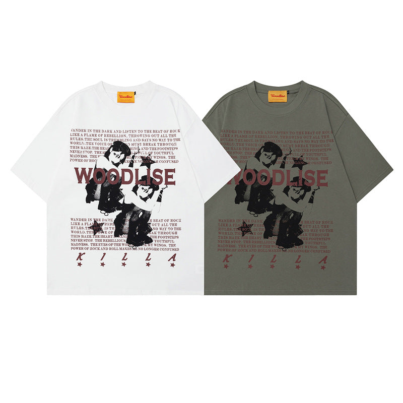 Letter Cartoon Print Short Sleeve T-Shirt Unisex Oversize High Street Versatile Couple Top INS Trendy