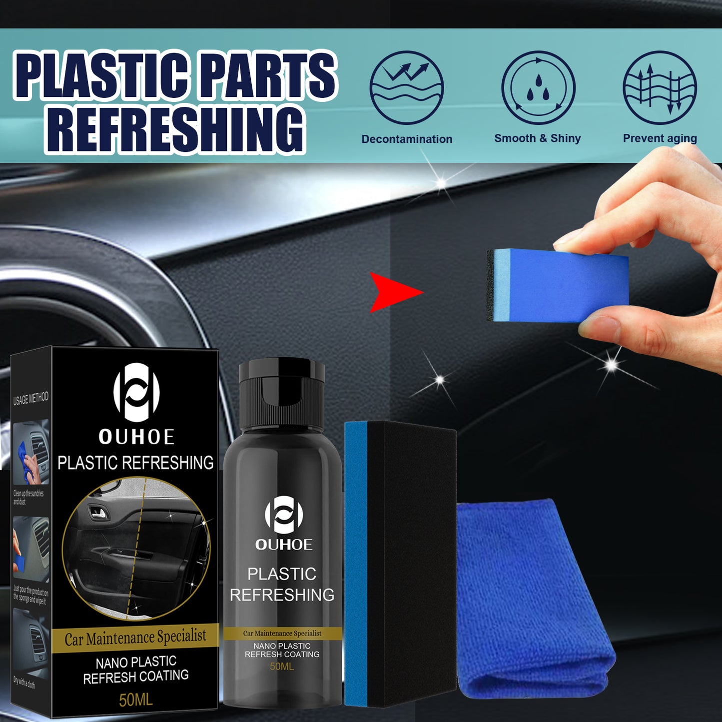 OUHOE Car Plastic Dashboard Refurbisher (30ml Box) Dust-Proof Repair, Interior Cleaning And Polishing, Plastic Whitening Maintenance