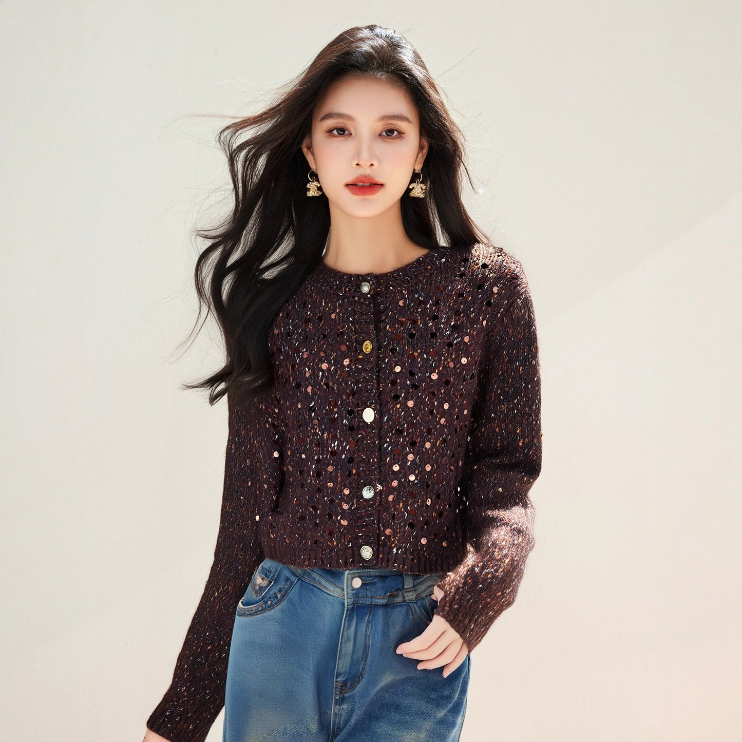 Knitted Cardigan Outerwear Sweater Coat for Women, Sequin Korean Style Atmosphere Early Autumn Fashion