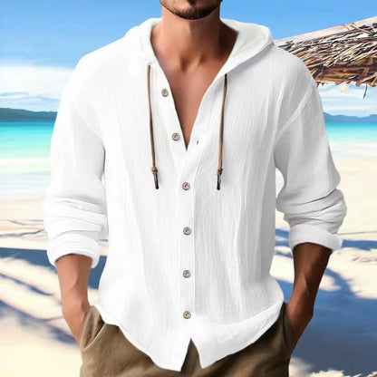 Men's Sports Casual Long Sleeve Shirt Cotton Linen Hooded Fashion Sweatshirt Trendy Versatile Loose Beach T-Shirt