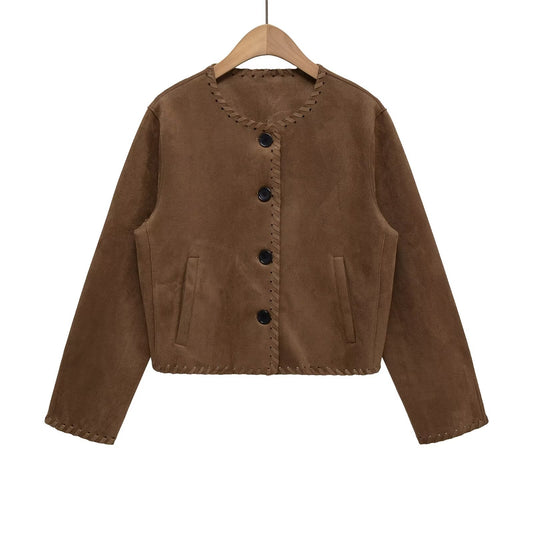 Suede texture woven decorative baseball jacket for women