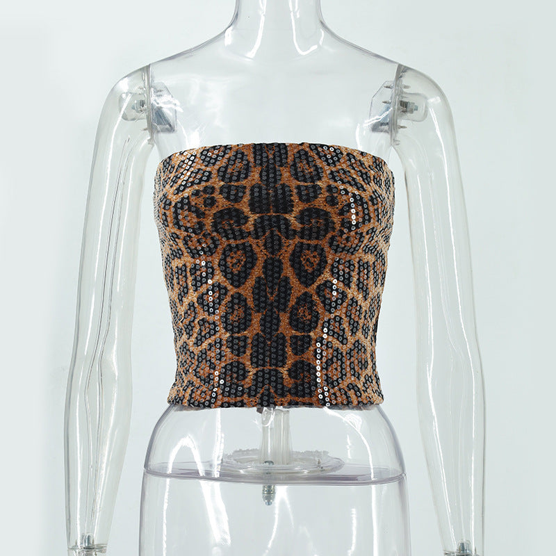 Leopard print sequin strapless slim fit inner vest
