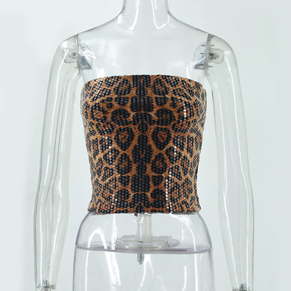 Leopard print sequin strapless slim fit inner vest
