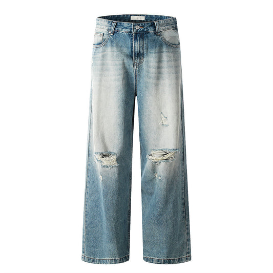 Washed Faded Denim Trousers Men's Loose Wide-Leg Straight Long Pants Faded Distressed Ripped Street Punk