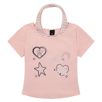 Short Sleeve T-Shirt Women Summer Short Slim Fake Two-Piece