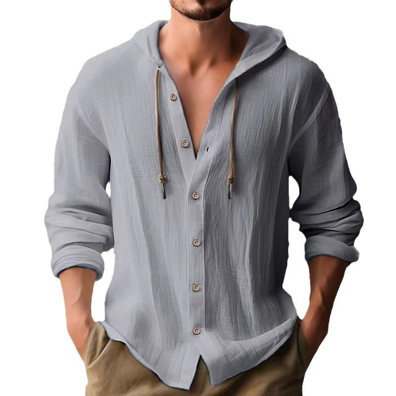 Men's Sports Casual Long Sleeve Shirt Cotton Linen Hooded Fashion Sweatshirt Trendy Versatile Loose Beach T-Shirt