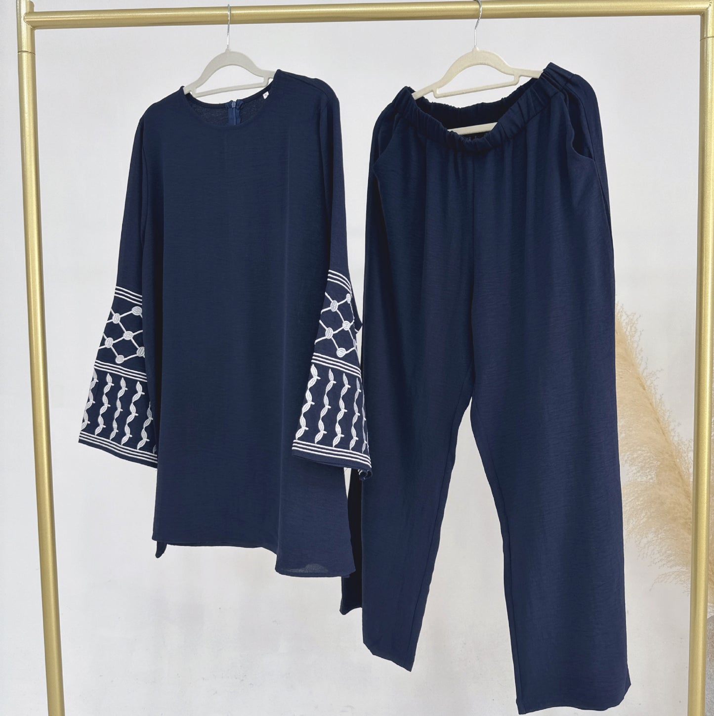 Turkey Embroidery Top Wide Leg Pants 2 Piece Set