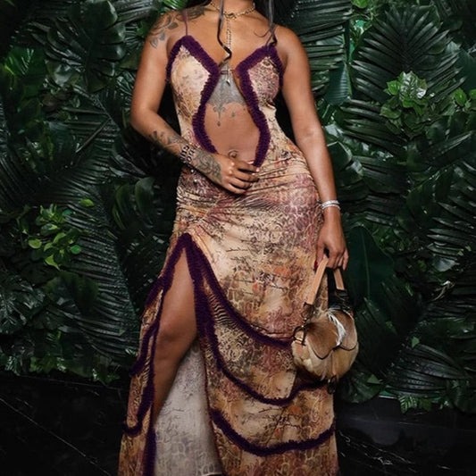 Serpent Beauty High Slit Lace-Up Dress with Hollow-Out Design and Pleated Details