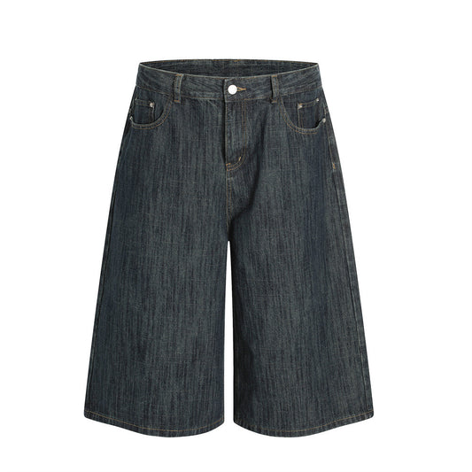 Minimalist Washed Denim Shorts Men's Versatile Street Trend Wide-Leg Mid-Length Pants Loose Straight Leg Five-Point Pants