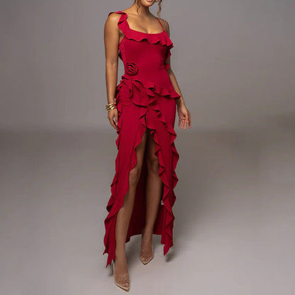 Solid Color Gentle Temperament Floral Strap Shoulder-baring Splicing Women's Elegant Three-dimensional Irregular Hem Leaf Edge Slit Long Dress