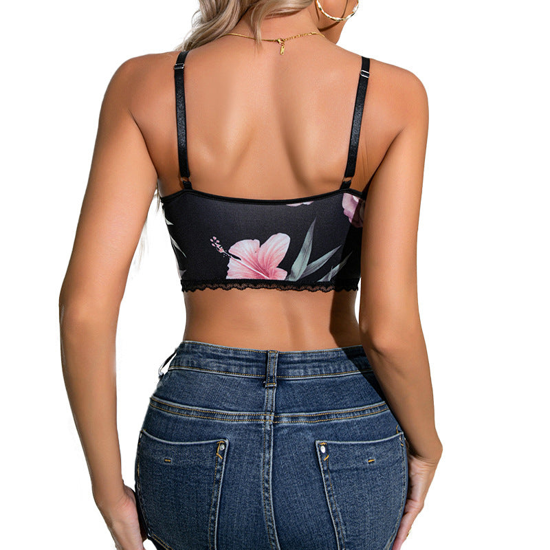 Lace hollow exposed navel short suspender top playful bow super sexy suspender