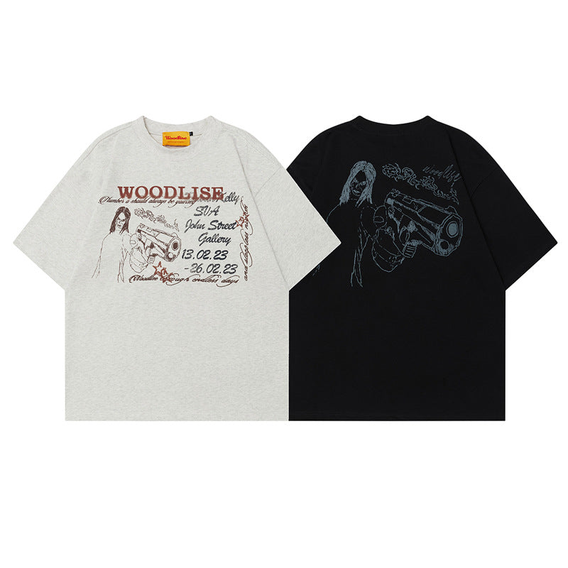 Retro Hand-Painted Heavyweight Pure Cotton Short-Sleeve T-Shirt Men's Summer Loose Casual Cleanfit Top Trendy